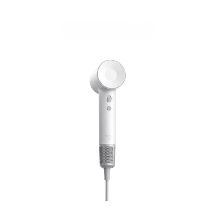 Laifen SE high-speed hair dryer in white, side view of slim handle and circular nozzle