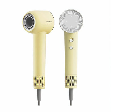 Dreame Hair Glory high-speed hair dryer in pastel yellow, showing front nozzle and rear control panel