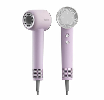 Dreame Hair Glory high-speed hair dryer in lilac purple, front and rear view with magnetic nozzle