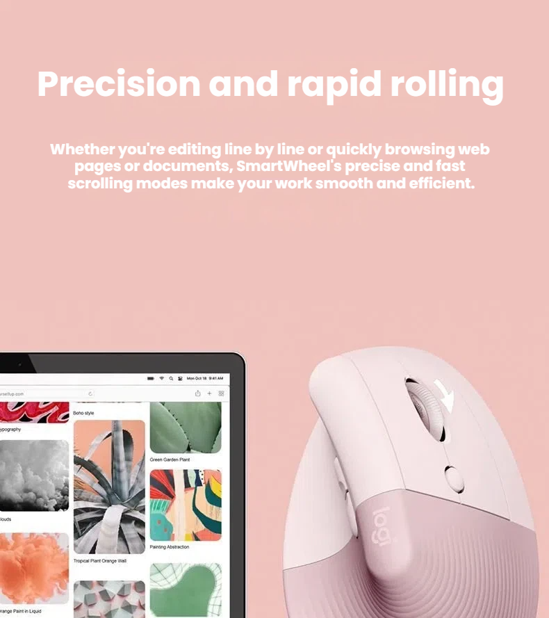 Logitech Lift vertical ergonomic mouse SmartWheel precision scrolling close-up