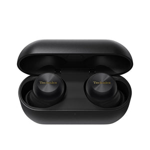 Technics AZ100 flagship true wireless ANC earbuds hero shot in black with case