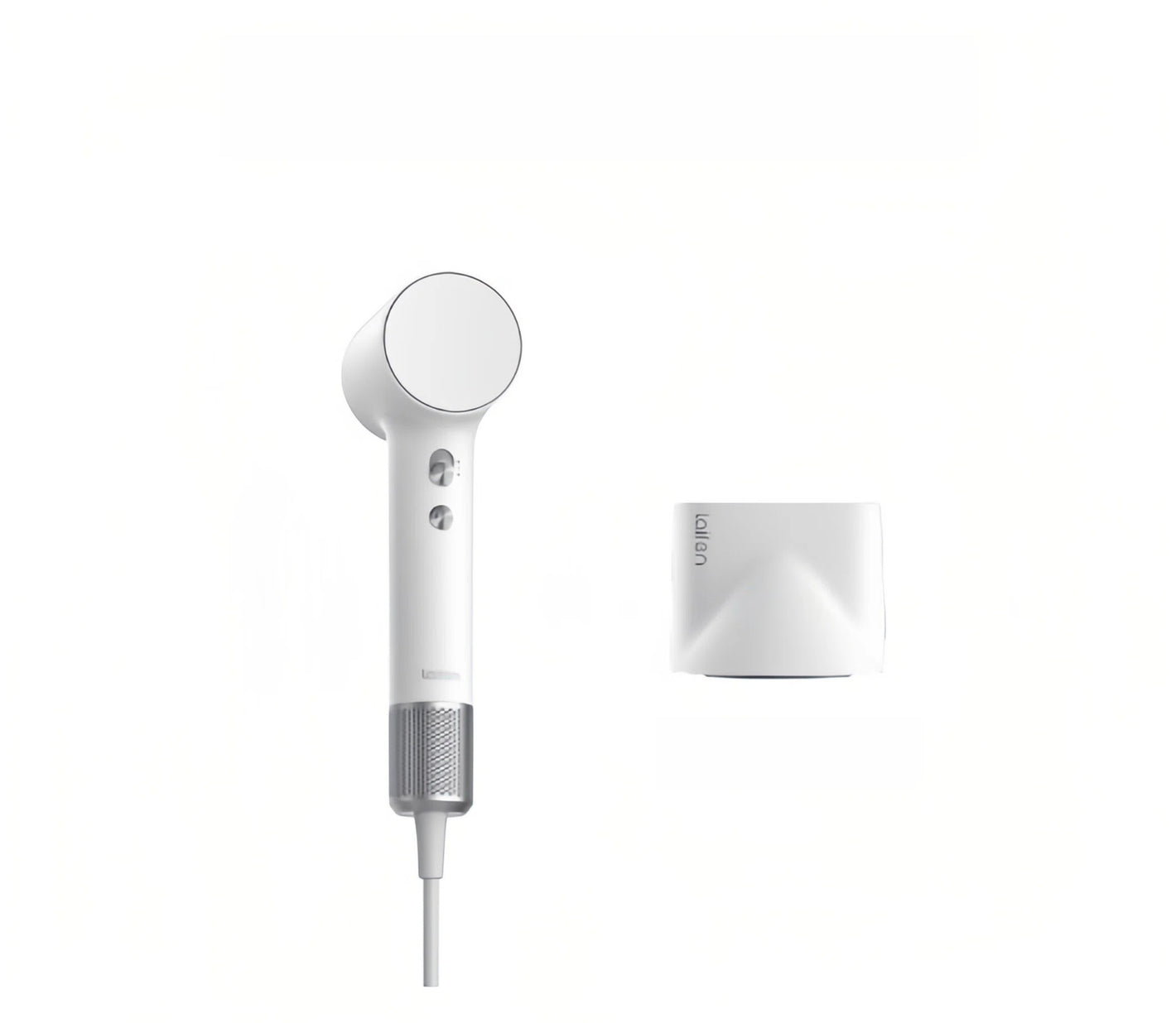 Laifen Mini high-speed hair dryer in white with magnetic concentrator nozzle attachment shown alongside