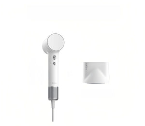 Laifen Mini high-speed hair dryer in white with magnetic concentrator nozzle attachment shown alongside