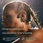 Woman wearing Shokz OpenRun Pro open-ear headphones in rain showing IP55 sweat and water resistance