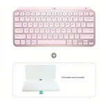 Logitech MX Keys Mini rose pink minimalist wireless backlit keyboard shown with complimentary tablet stand