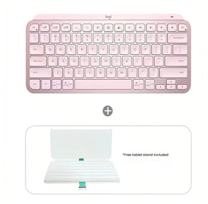 Logitech MX Keys Mini rose pink minimalist wireless backlit keyboard shown with complimentary tablet stand