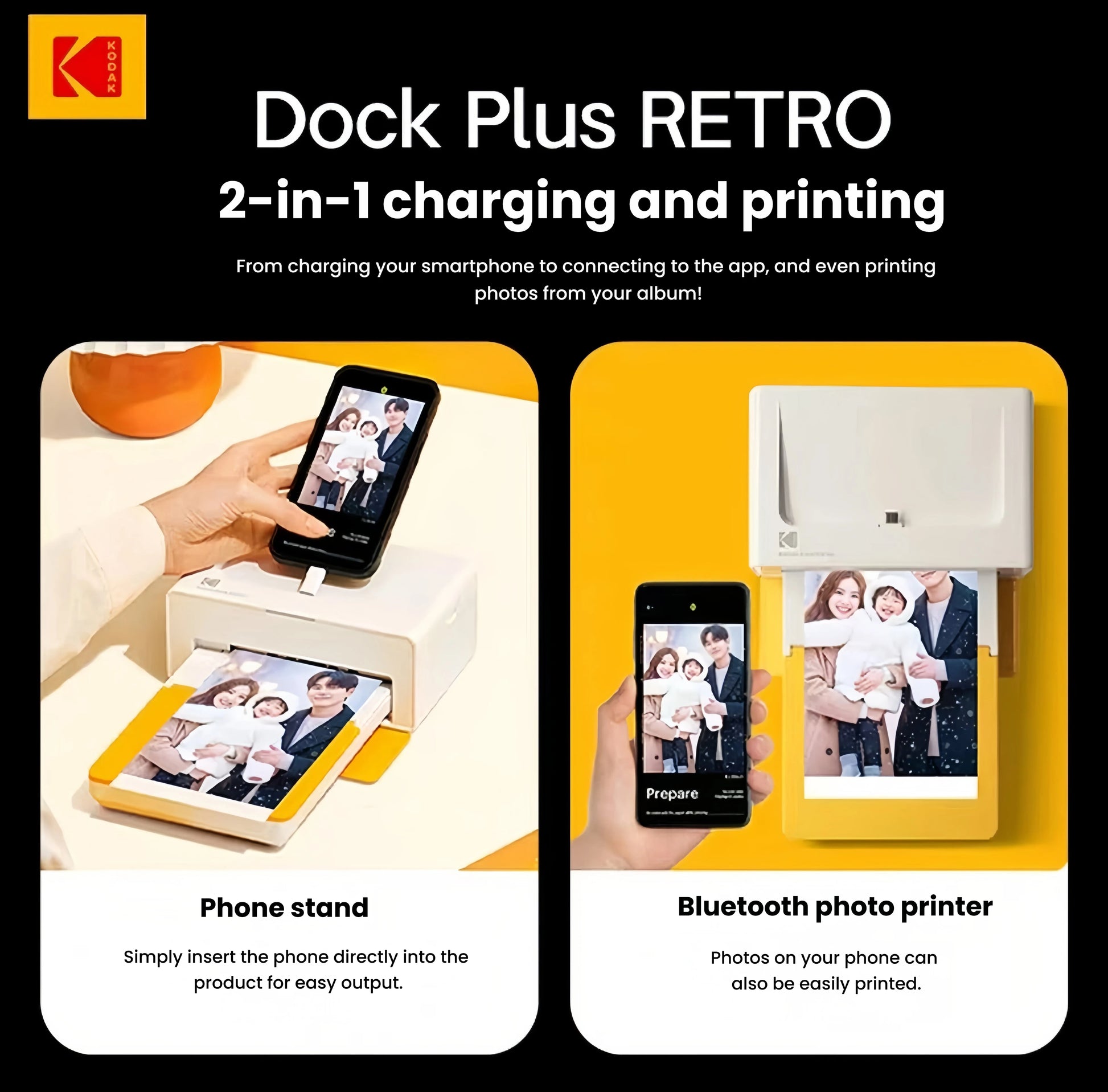 Kodak Dock Plus instant photo printer used as phone stand and Bluetooth photo printer with family print