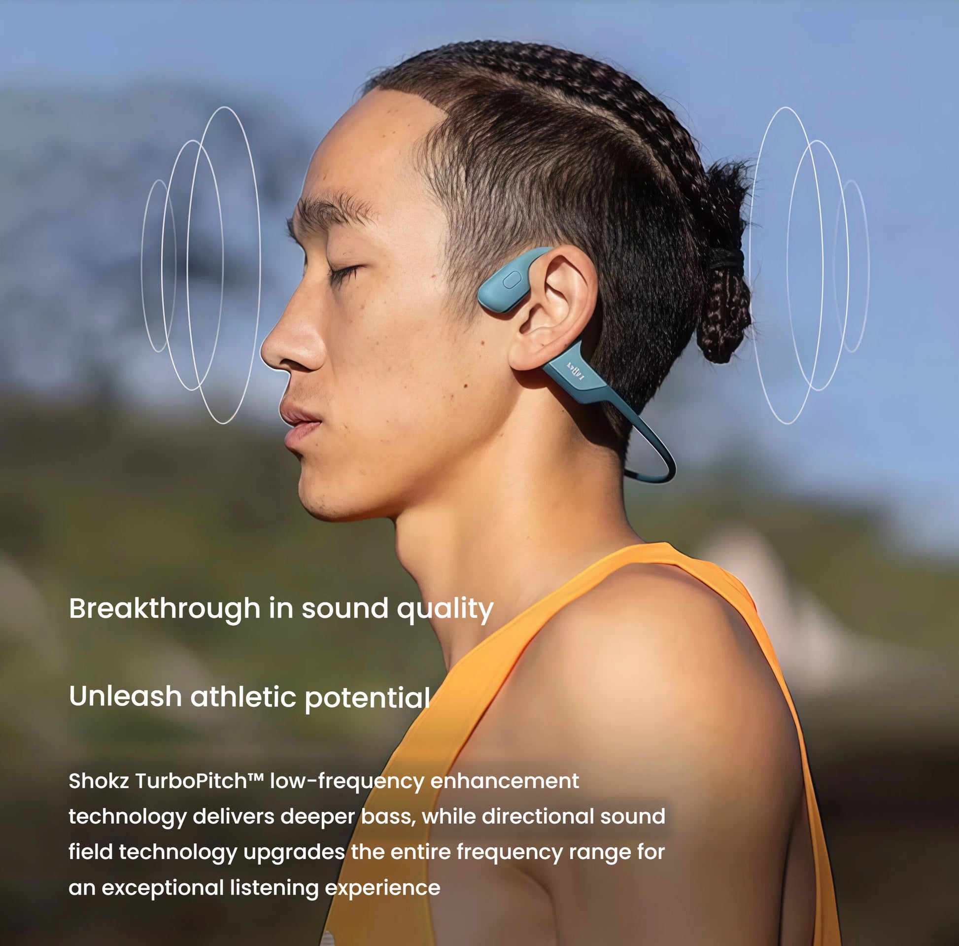 Man wearing blue Shokz OpenRun Pro bone-conduction headphones outdoors with sound wave graphics