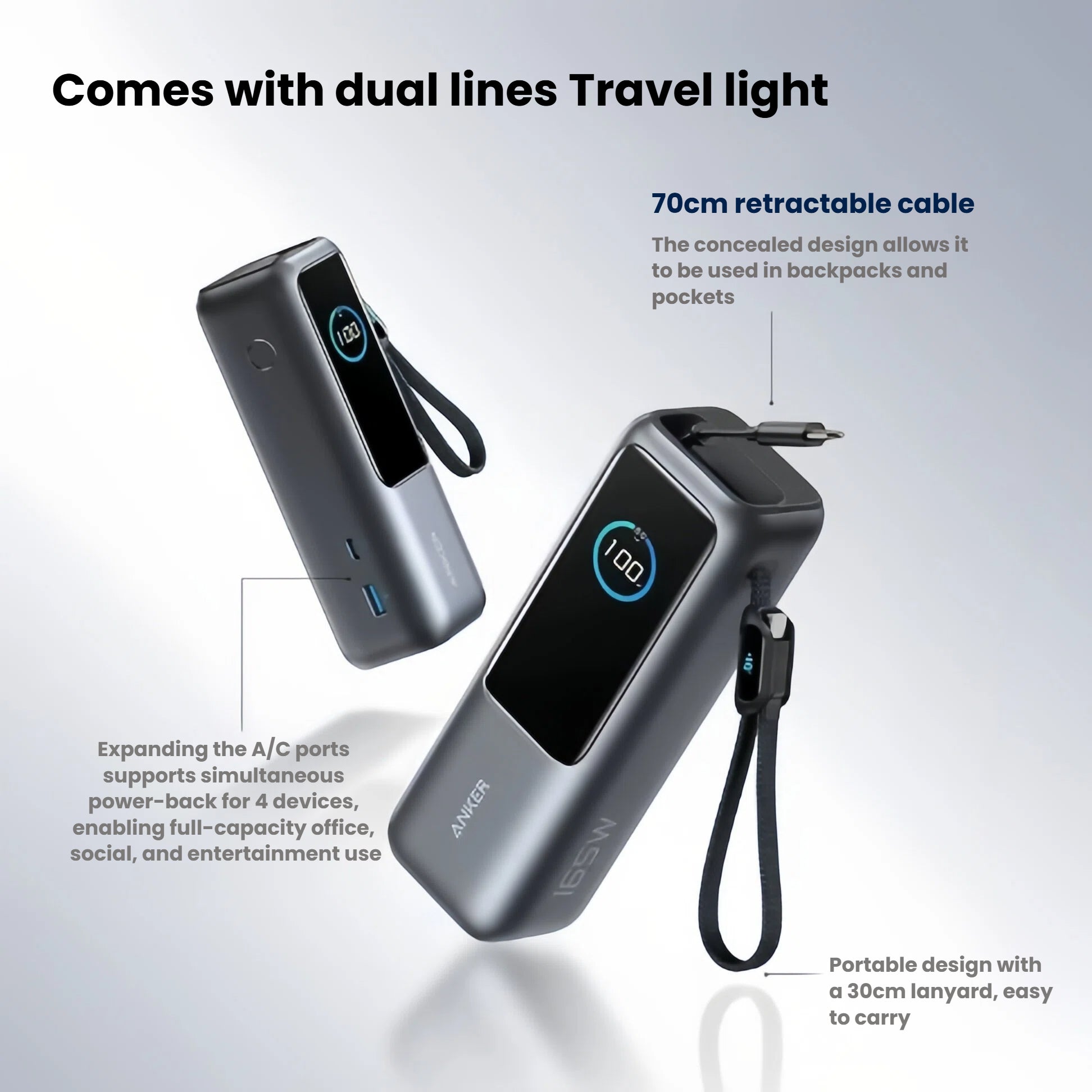 Anker 165W power bank dual view showing 70cm retractable cable, USB-A and USB-C ports, plus 30cm carry lanyard