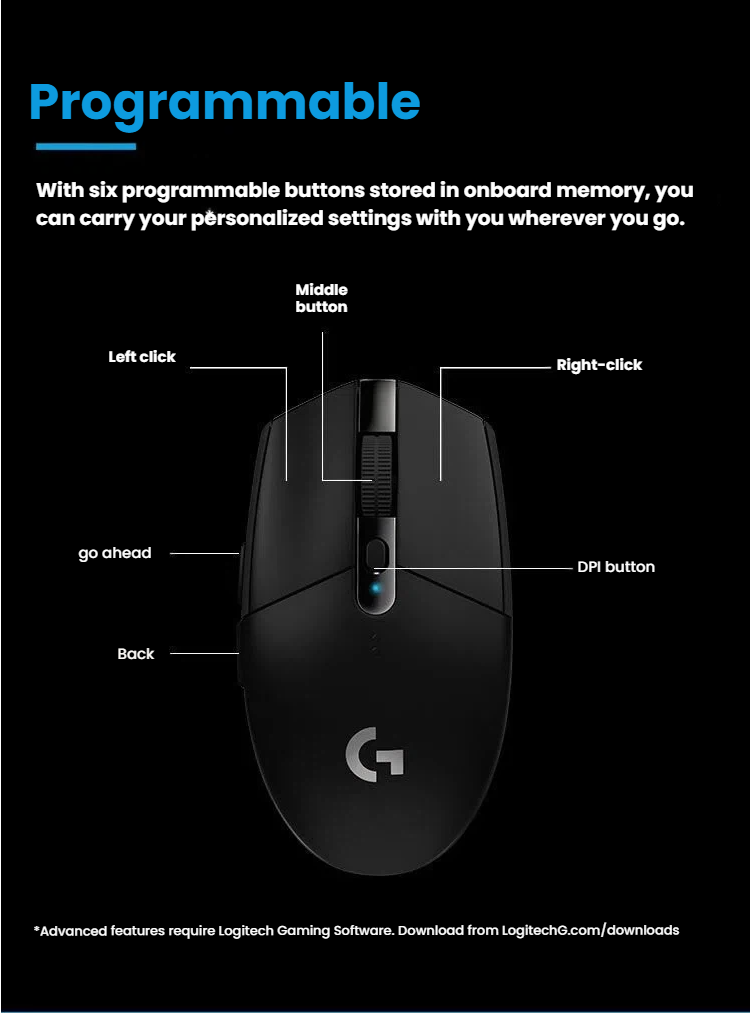 Logitech G305 wireless gaming mouse AA battery long life callout