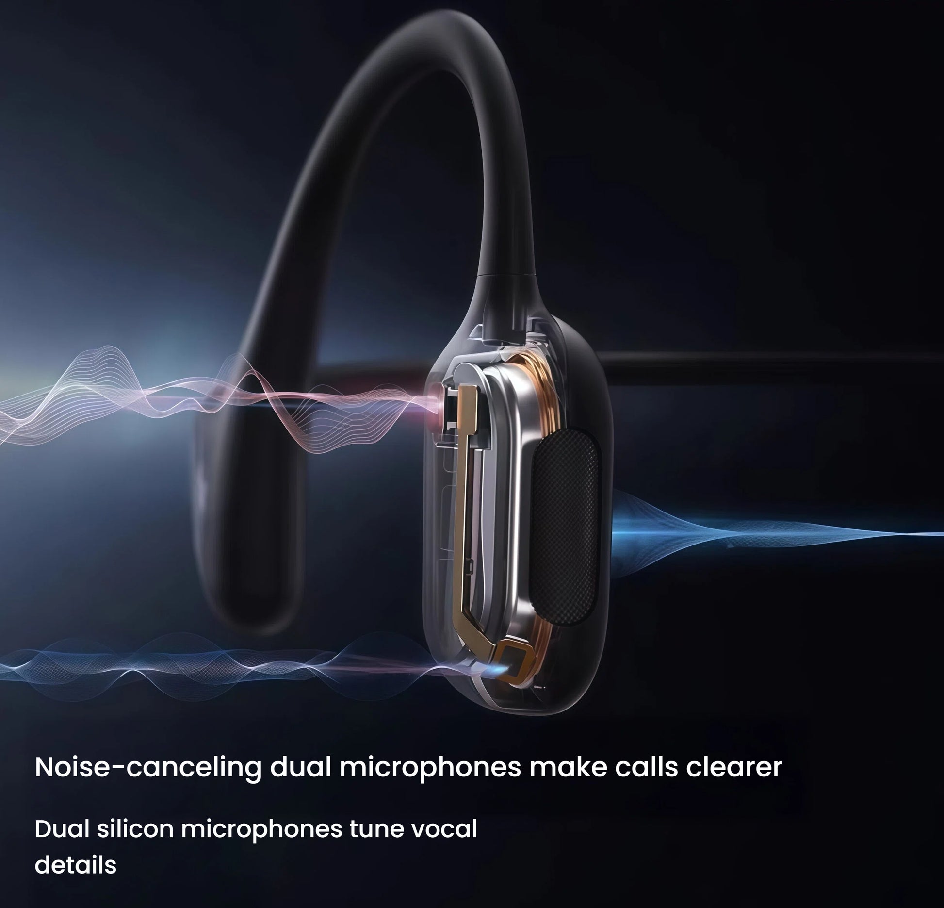 Cutaway view of Shokz OpenRun Pro headphones revealing dual silicon noise-cancelling microphone internals