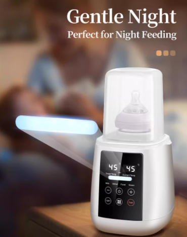 Kangaroo Fitness 6-in-1 bottle warmer with accurate digital temperature control—supports milk warming, defrosting, food heating, sterilizing, lighting, and fast mode for busy parents.