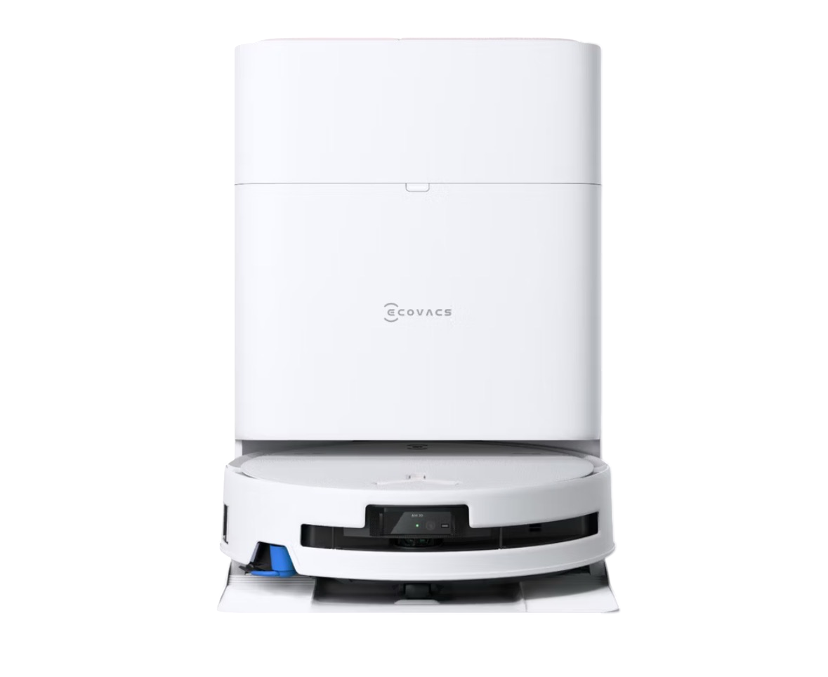 Ecovacs DEEBOT T80S OMNI robot vacuum and mop docked at OMNI Station hero shot