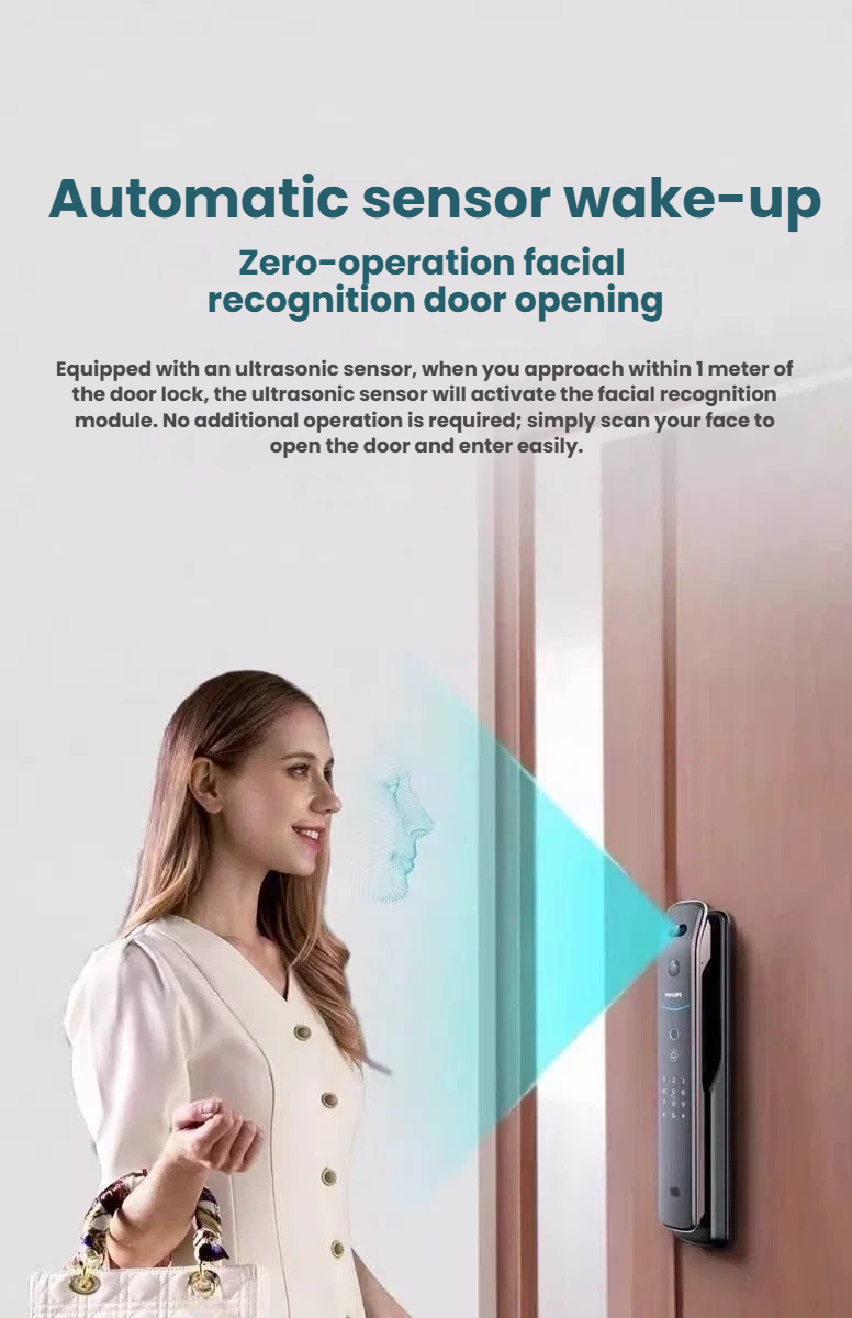 Philips DDL709 smart lock — 4-inch IPS indoor display showing video doorbell