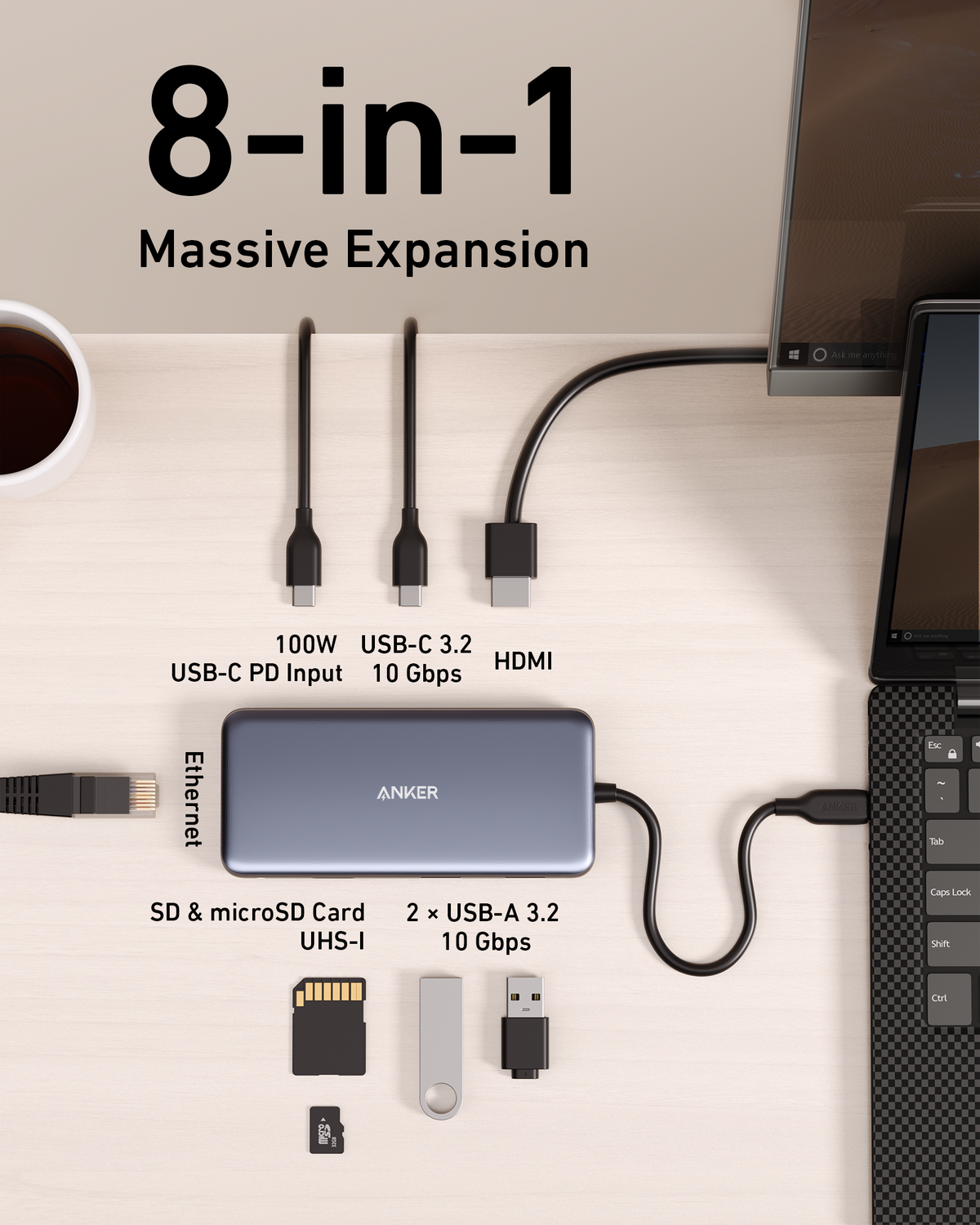 Anker 555 A8383 hub ports for display data network and cards