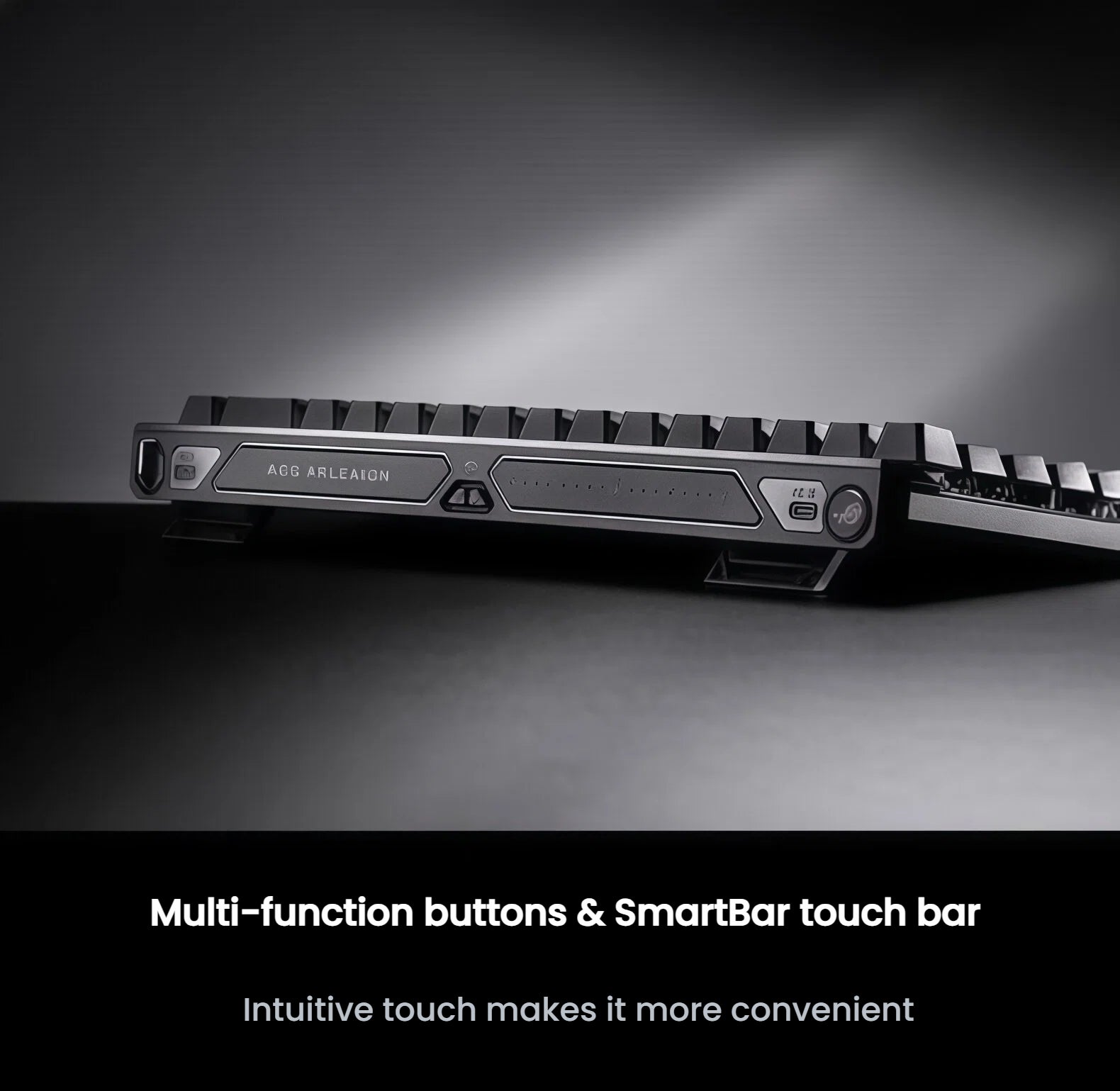 Side profile of the ASUS ROG Falchion Ace keyboard highlighting the integrated SmartBar touch bar and multi-function buttons. Offers intuitive control over media, macros, and lighting settings.