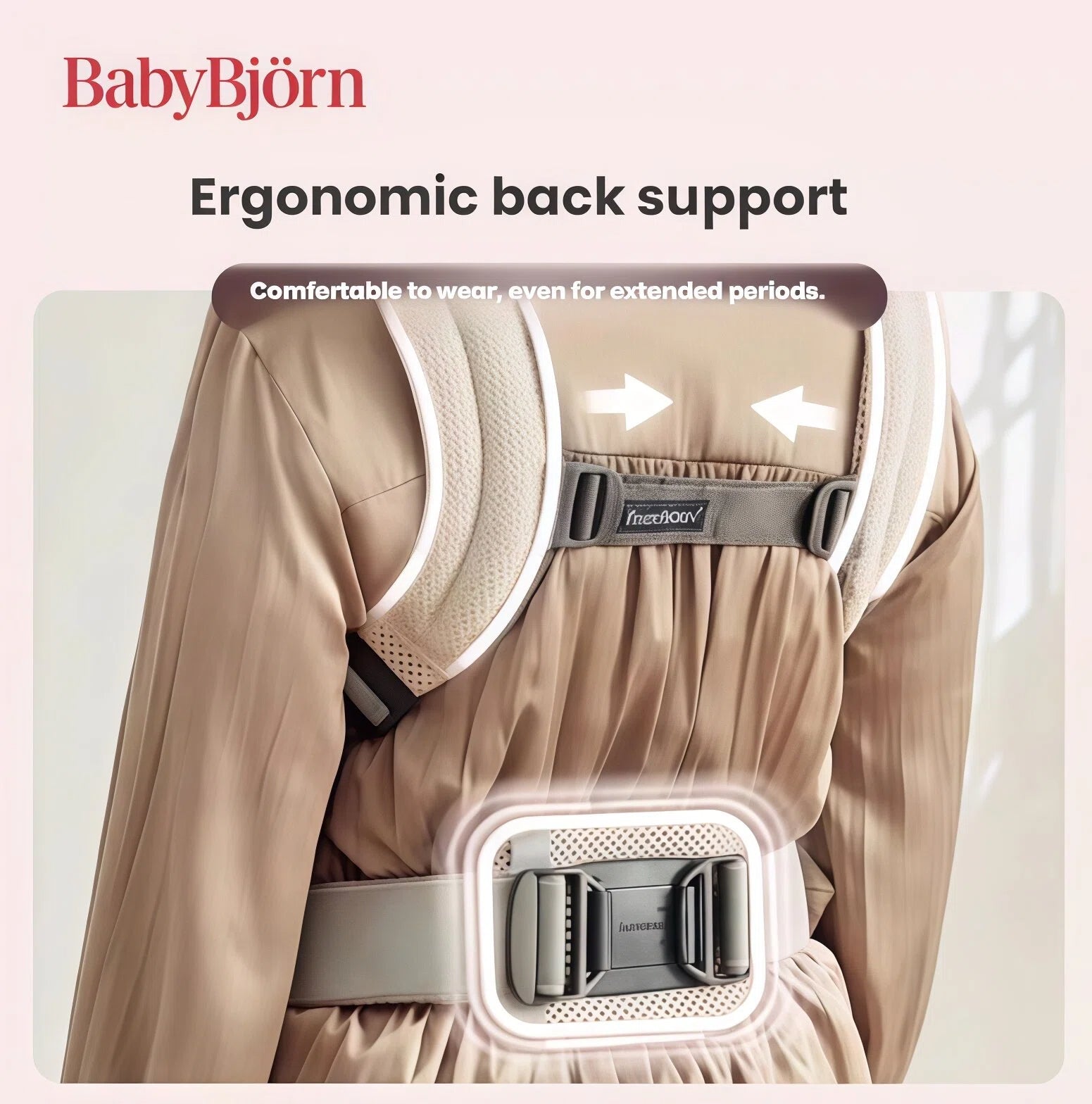 Back view of BabyBjörn Harmony Carrier Mesh showing padded shoulder straps and wide waist belt – designed for comfortable, even weight distribution during extended wear