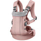 Front view of BabyBjörn Harmony Carrier Mesh in soft rose pink – lightweight, breathable baby carrier with ergonomic design and adjustable straps