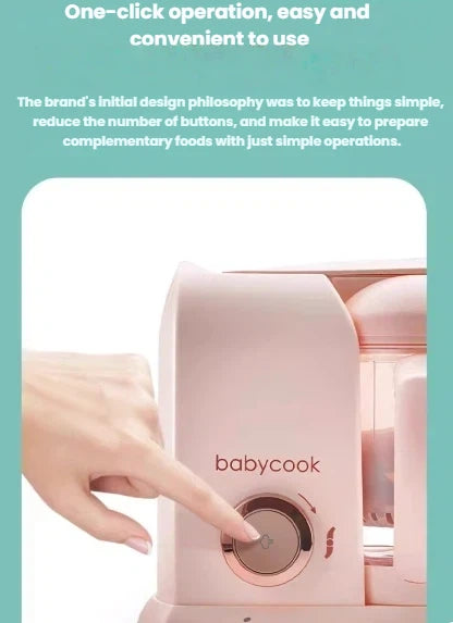 Close-up of hand pressing the one-click button on the Beaba Babycook Solo—simple, intuitive control for quick steam cooking, blending, and reheating without complicated settings.
