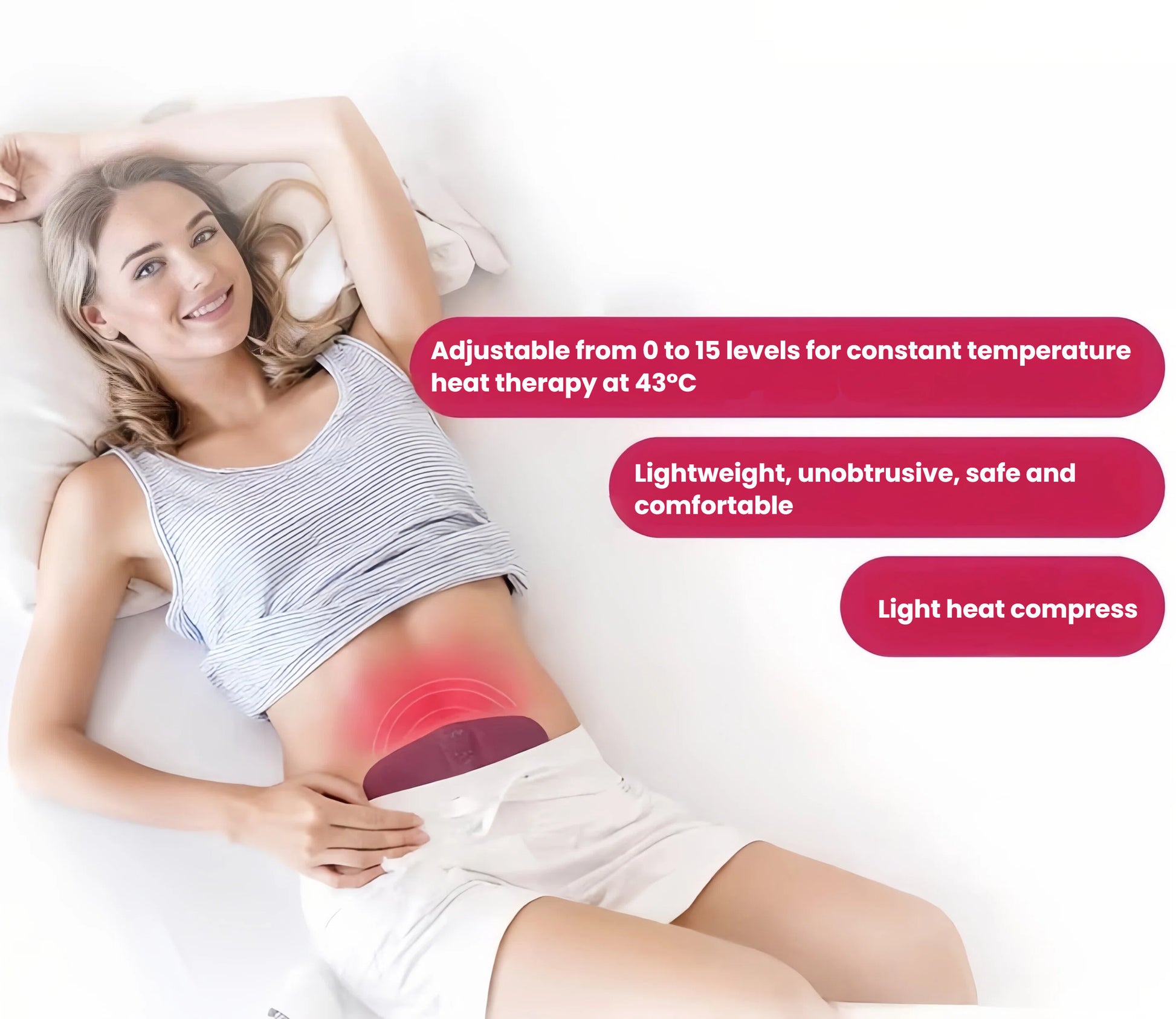 A woman lying comfortably on her back with the Beurer EM50 heat pad placed over her lower abdomen. The device delivers constant temperature heat therapy at 43°C with 15 adjustable intensity levels for personalized cramp relief.