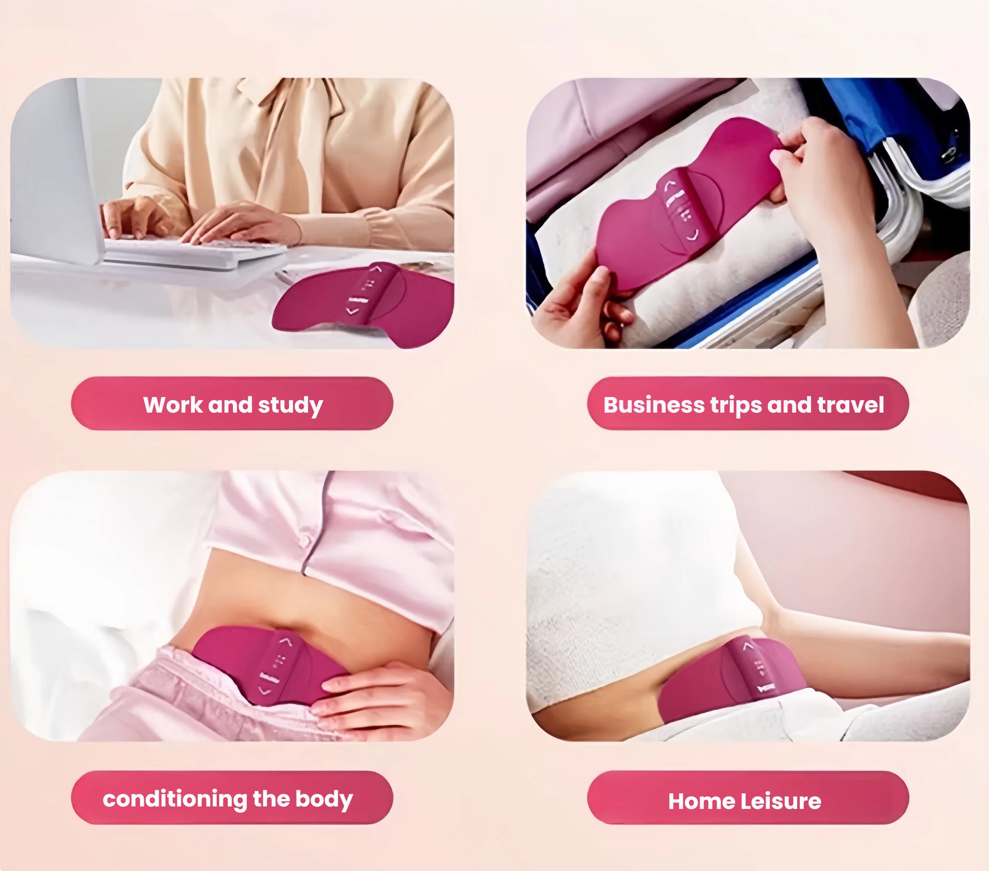 Four lifestyle scenes showing the Beurer EM50 used in various settings: on a desk during work, packed in a suitcase for travel, worn under clothes for body conditioning, and used at home for leisure. Highlights portability and everyday convenience.