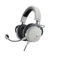 White Beyerdynamic MMX 150 gaming headset with memory foam earcups, synthetic leather headband, and flexible boom mic for clear communication.
