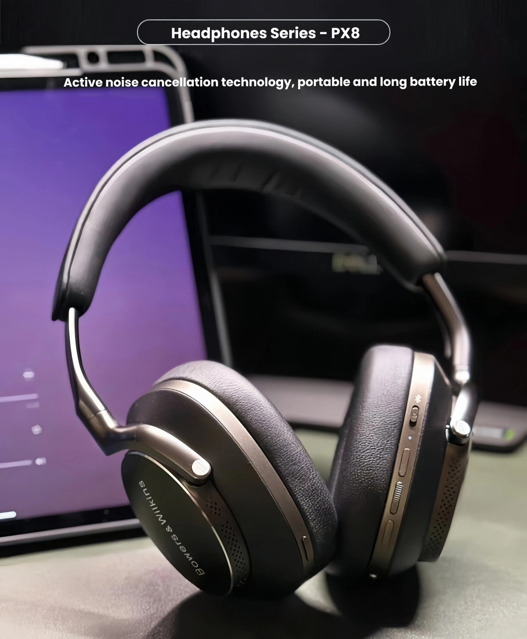 Bowers & Wilkins PX8 headphones resting on a desk next to a laptop — ideal for work, travel, or daily use with active noise cancellation and long battery life.