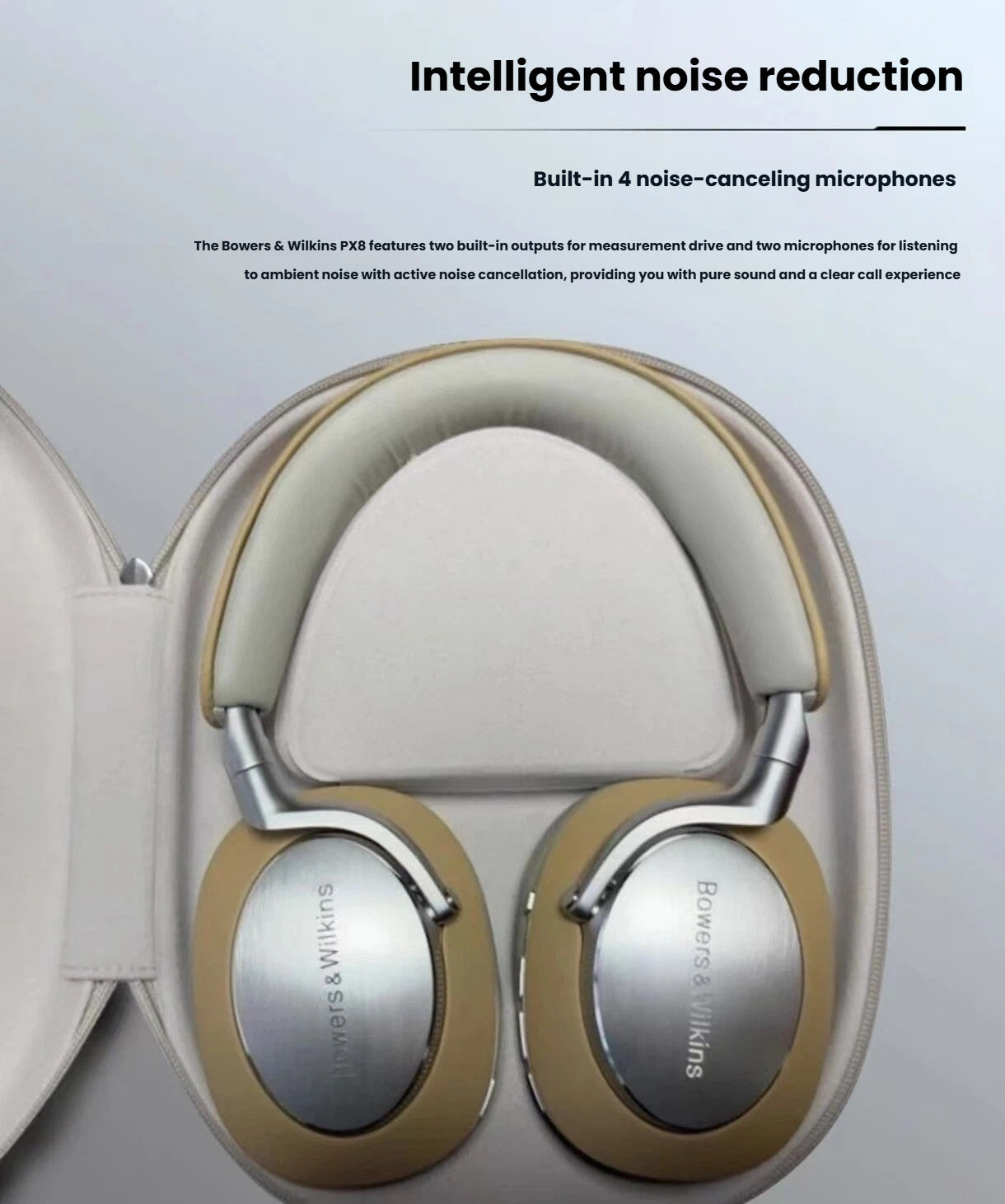 Bowers & Wilkins PX8 headphones stored in premium carrying case — equipped with 4 built-in noise-cancelling microphones for pure sound and clear calls.
