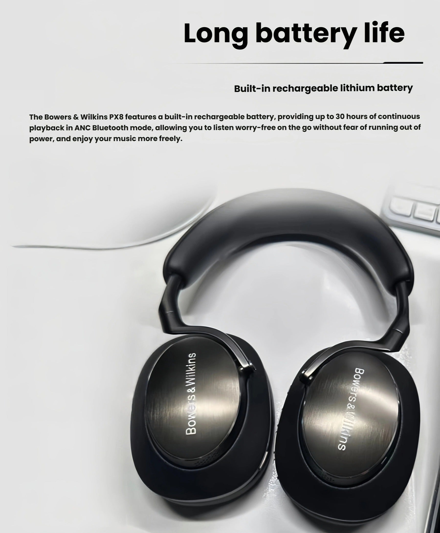 Bowers & Wilkins PX8 headphones featuring built-in rechargeable lithium battery — up to 30 hours of continuous playback in ANC Bluetooth mode for all-day listening.