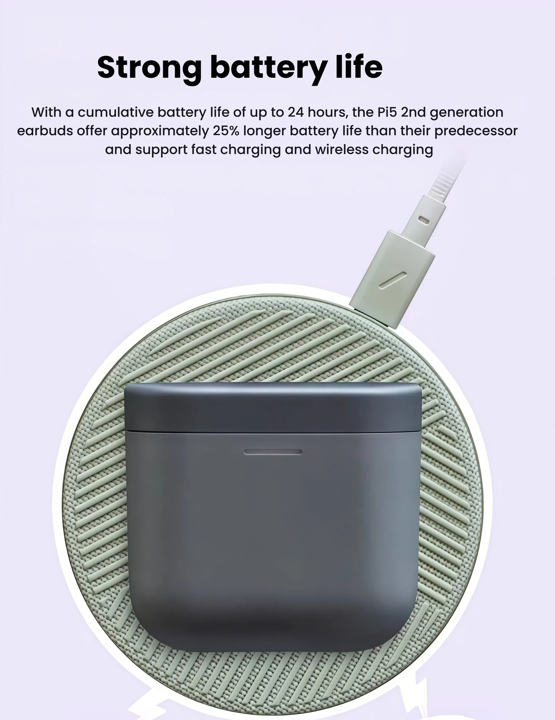 Bowers & Wilkins Pi5 S2 charging case being charged via USB-C cable, supporting fast and wireless charging with up to 24 hours cumulative battery life.