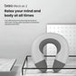 The Breo iNeck Air 2 inflatable neck massager displayed on a modern glass stand. Designed for relaxation during office breaks or long business trips, it combines comfort and smart wellness technology.