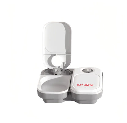 Complete pet care bundle: Cat Mate dual-meal automatic feeder with blue ice and 2L mountain spring water fountain. Includes chlorine removal and odor elimination features.
