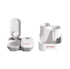 Cat Mate dual-compartment feeder supports dry kibble, jerky, freeze-dried food, raw meat, canned food, goat milk, and more. Large platters accommodate all pet food types.