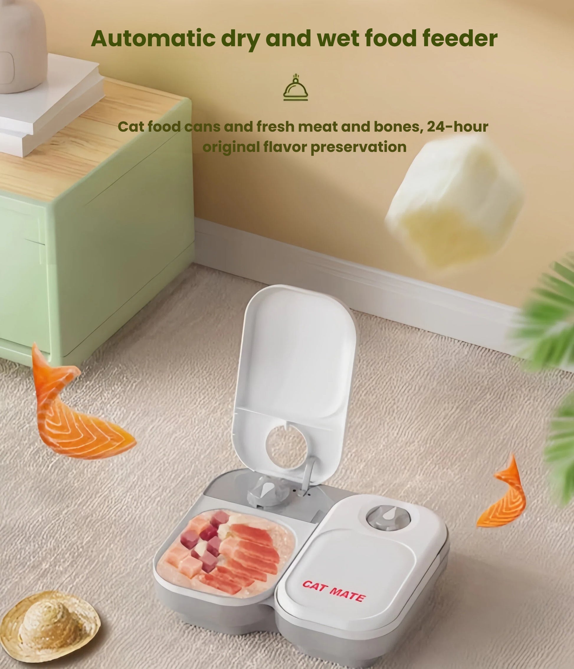 Cat Mate automatic pet feeder with built-in blue ice pack for extended cold storage. Maintains freshness of raw meat, canned food, and wet grains for up to 24 hours.