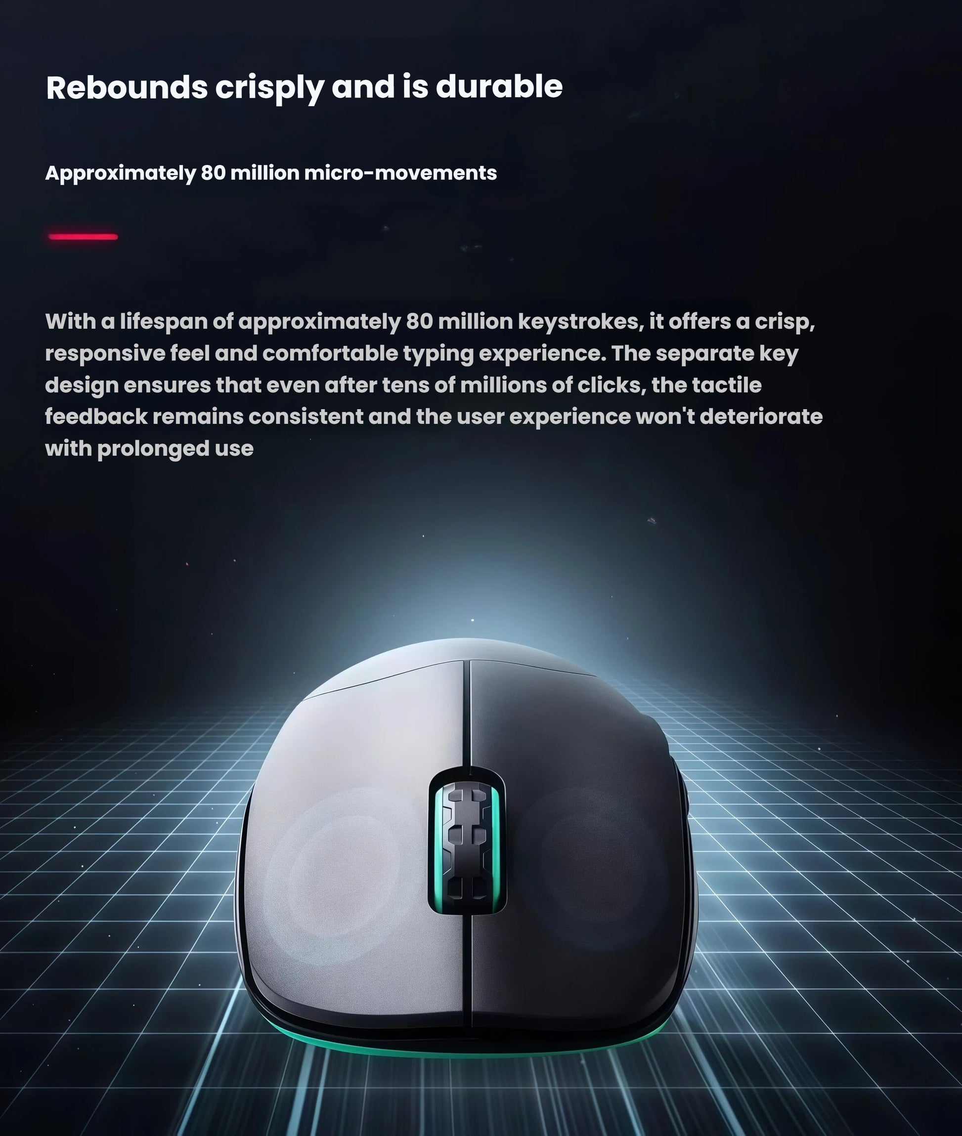 Front-facing close-up of the Cherry Xtrfy M64 WL showing its left and right click buttons. Engineered for longevity, these buttons are rated for approximately 80 million micro-movements, offering crisp, consistent tactile feedback even after years of heavy use.