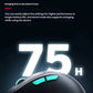 Promotional graphic showcasing the Cherry Xtrfy M68 WL's long-lasting battery performance. The mouse offers up to 75 hours of use on a single charge, with a fast charging time of just 2 hours. Wired mode supports charging while in use, making it ideal for extended gaming or work sessions.