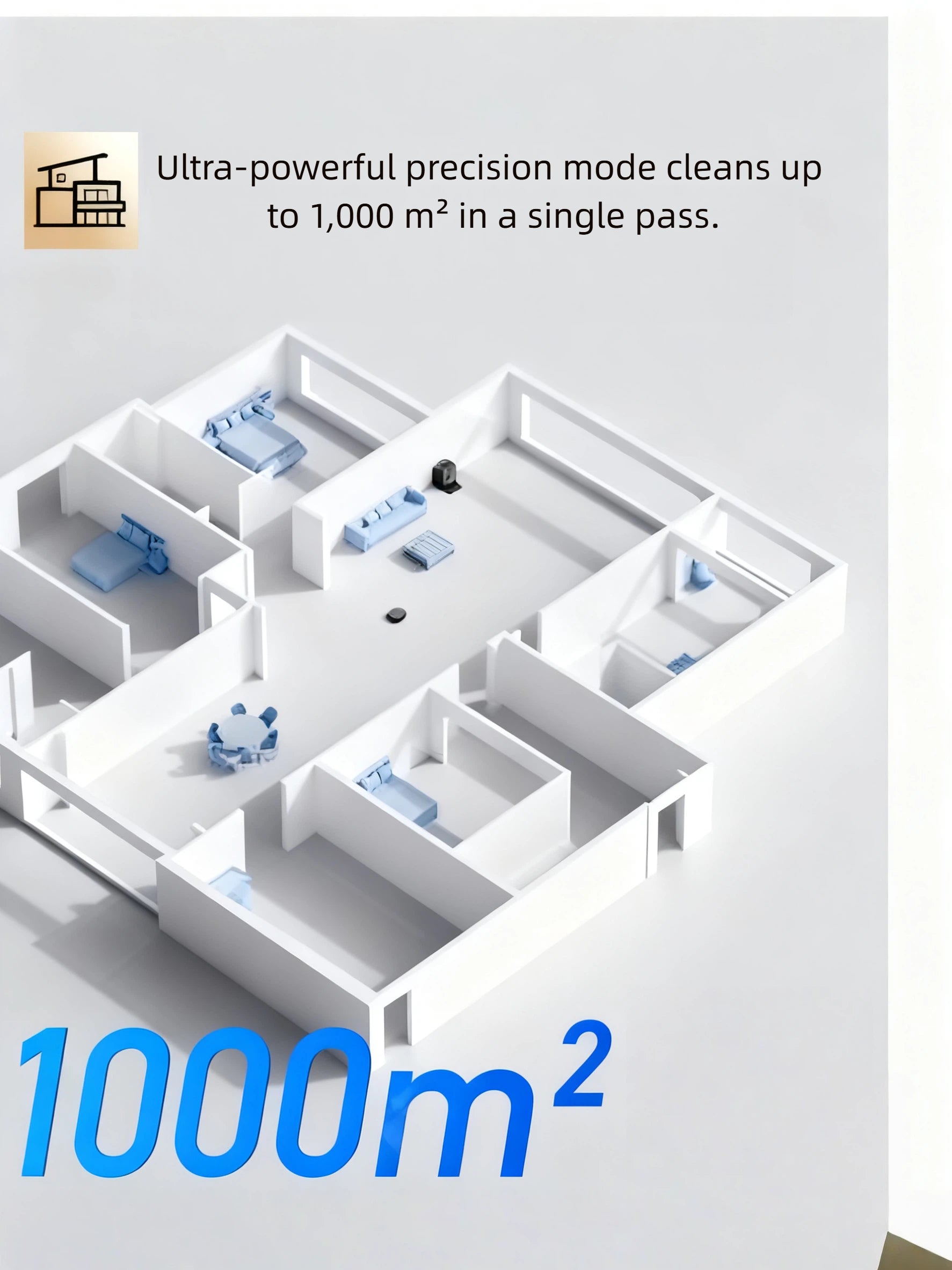 A 3D floor plan of a large house with the ECOVACS X11 Pro Omni robot vacuum centrally located, highlighting its ultra-powerful precision mode capable of cleaning up to 1,000 square meters in a single pass.