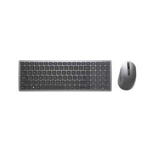 Front-facing view of the Dell KM7120W wireless keyboard and mouse set against a white background. The minimalist silver aluminum frame and black keys highlight a modern, professional aesthetic suitable for desktops, laptops, and hybrid setups.