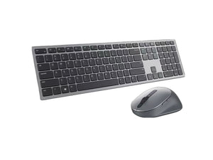 Front view of the Dell KM7321W wireless keyboard and mouse combo, featuring a sleek silver aluminum frame with black keys and a matching ergonomic mouse. Designed for multi-device connectivity, this premium set includes Bluetooth and USB receiver support, ideal for home office, laptop, or desktop use.
