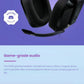 Close-up of the black G335’s folding boom mic against a purple background, highlighting Discord certification and convenient mute function.