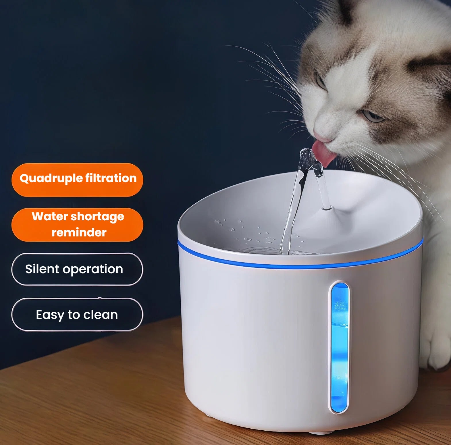 White cat drinking from Dogness Smart Fountain Plus with flowing water; features include quadruple filtration, water shortage reminder, silent operation, and easy cleaning