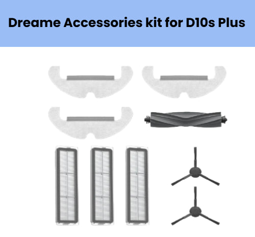 Dreame accessories kit for D10s Plus robot vacuum with 3 grey U-shaped microfiber mopping cloths, 1 black anti-tangle main brush, 3 high-efficiency HEPA filters, and 2 black rotating side brushes for superior suction and mopping performance.