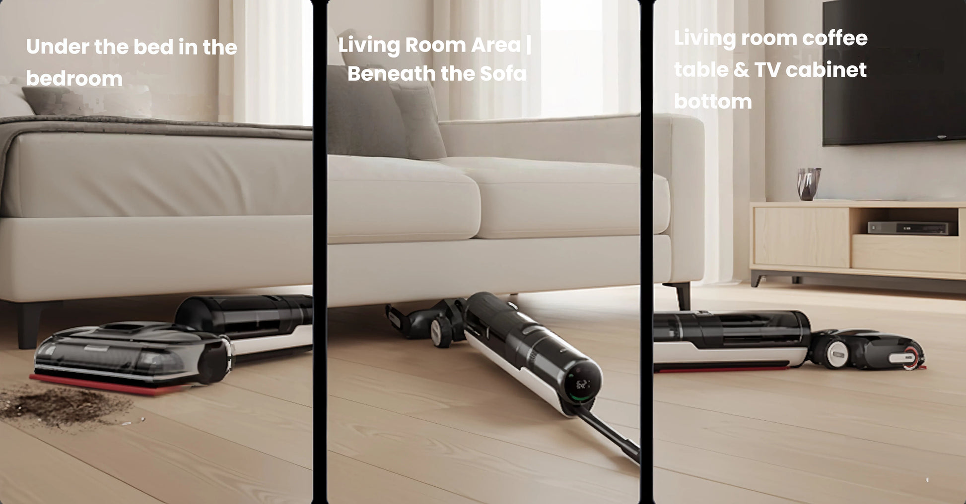 A three-panel image demonstrating the Dreame H15 Pro's versatile lay-flat design cleaning hard-to-reach areas, including under a bed, beneath a sofa, and under a living room TV cabinet