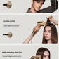 Models demonstrating the use of three different attachments for the Dreame hair dryer: a straight air nozzle for a smooth finish, a styling nozzle to create volume, and a patented anti-warping mini iron to smooth out frizz.