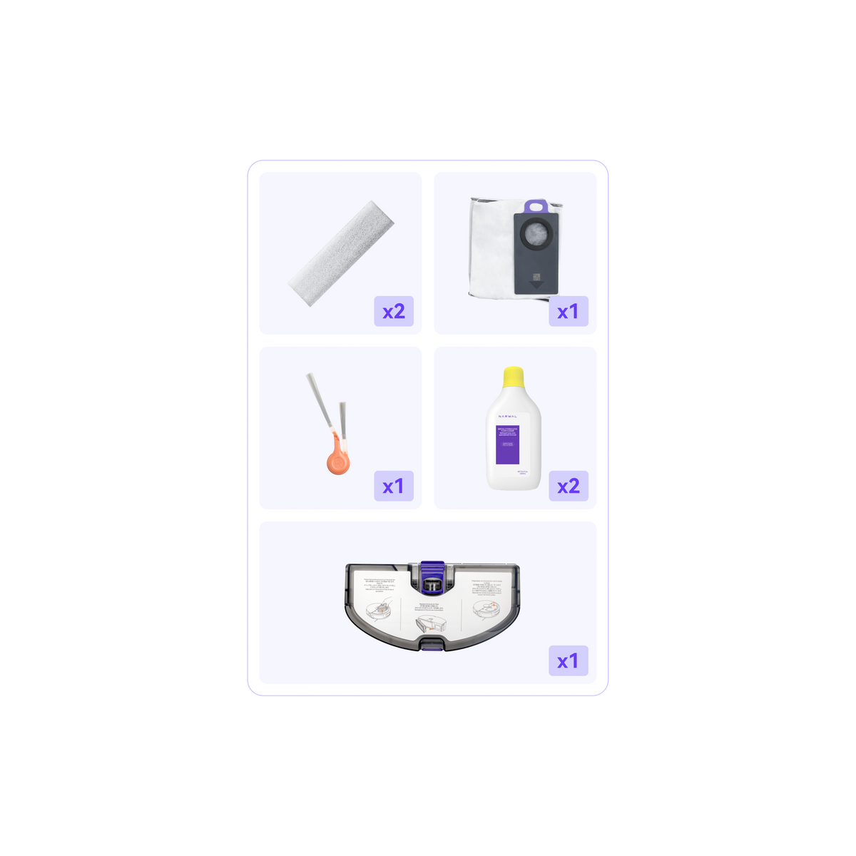Narwal Flow 2 advanced kit with two track mops, one side brush, two floor cleaners, one HEPA filter and one dust bag