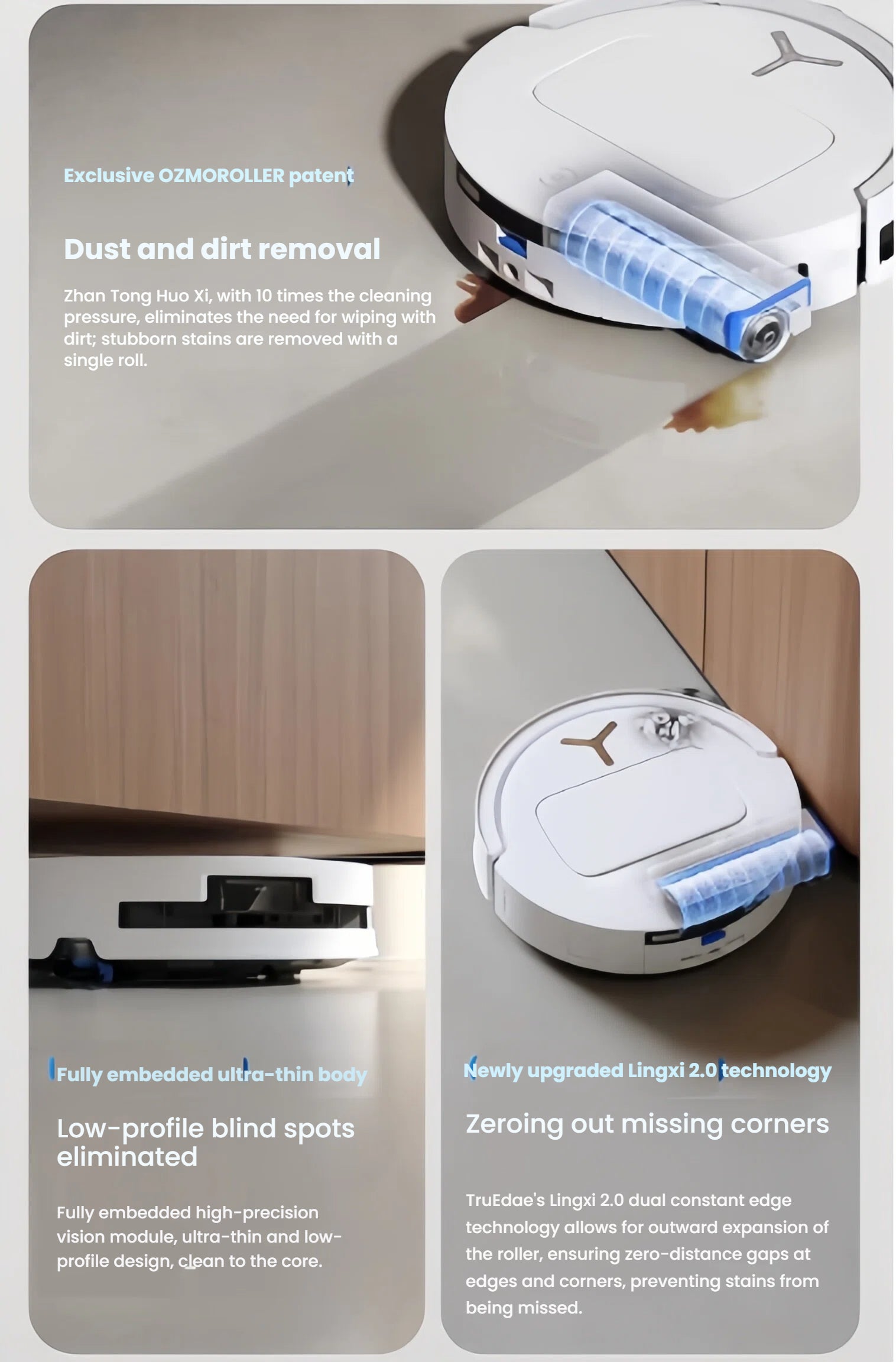 A collage highlighting the DEEBOT T80 OMNI's cleaning power: the OZMOROLLER removing stubborn dirt stains, its ultra-thin body cleaning under low furniture, and Lingxi 2.0 technology for perfect corner cleaning.