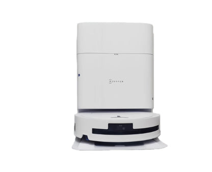 The white ECOVACS DEEBOT T8 OMNI Robot Vacuum and Mop docked at its self-cleaning OMNI station, shown from a front-facing angle on a white background.