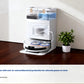  The white ECOVACS T50 Pro Omni docked at its all-in-one base station, which provides end-to-end antibacterial protection. The station is shown to be mother, baby, and pet friendly for ultimate peace of mind.
