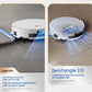  A split-panel image showcasing two key features of the ECOVACS T50 Pro Omni. On the left, the vacuum uses structured light for precise obstacle detection along edges. On the right, the ZeroTangle 2.0 anti-tangling structure is shown easily suctioning hair.