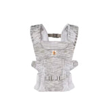 Front view of Ergobaby Aerloom baby carrier in heather grey. Compact, lightweight baby carrier with adjustable fit and breathable mesh material.